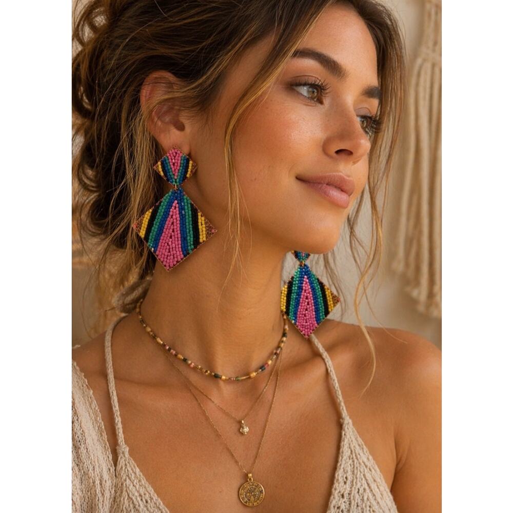 Kay Lee Colorful Diamond Shape Beaded Earrings New